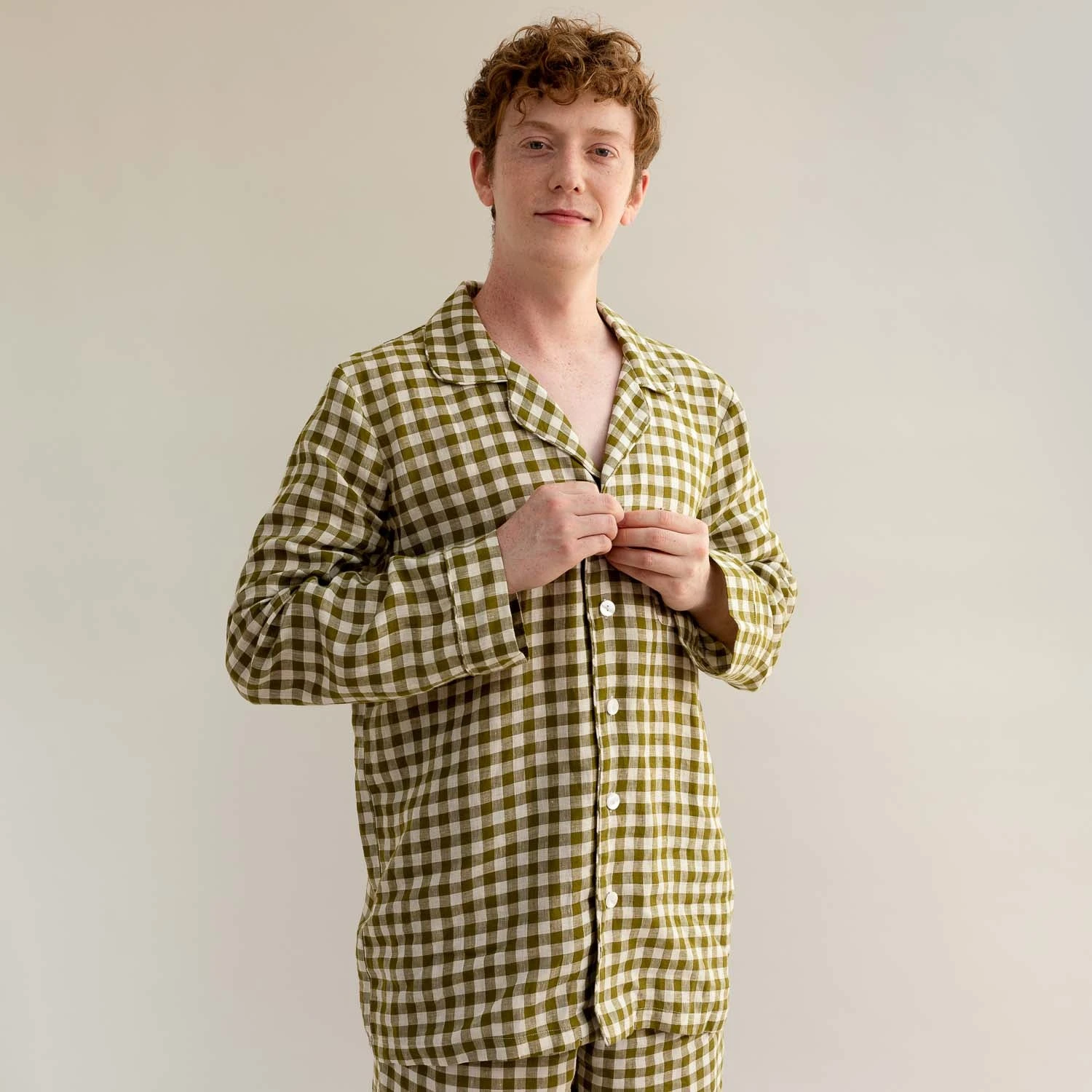 Men's Botanical Green Gingham Linen Pajama Shirt (Top Only) 3 Men's Botanical Green Gingham Linen Pajama Shirt (Top Only)
