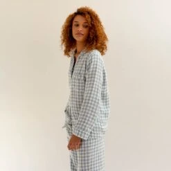 Warm Blue Gingham Linen Pajama Shirt (Top Only)