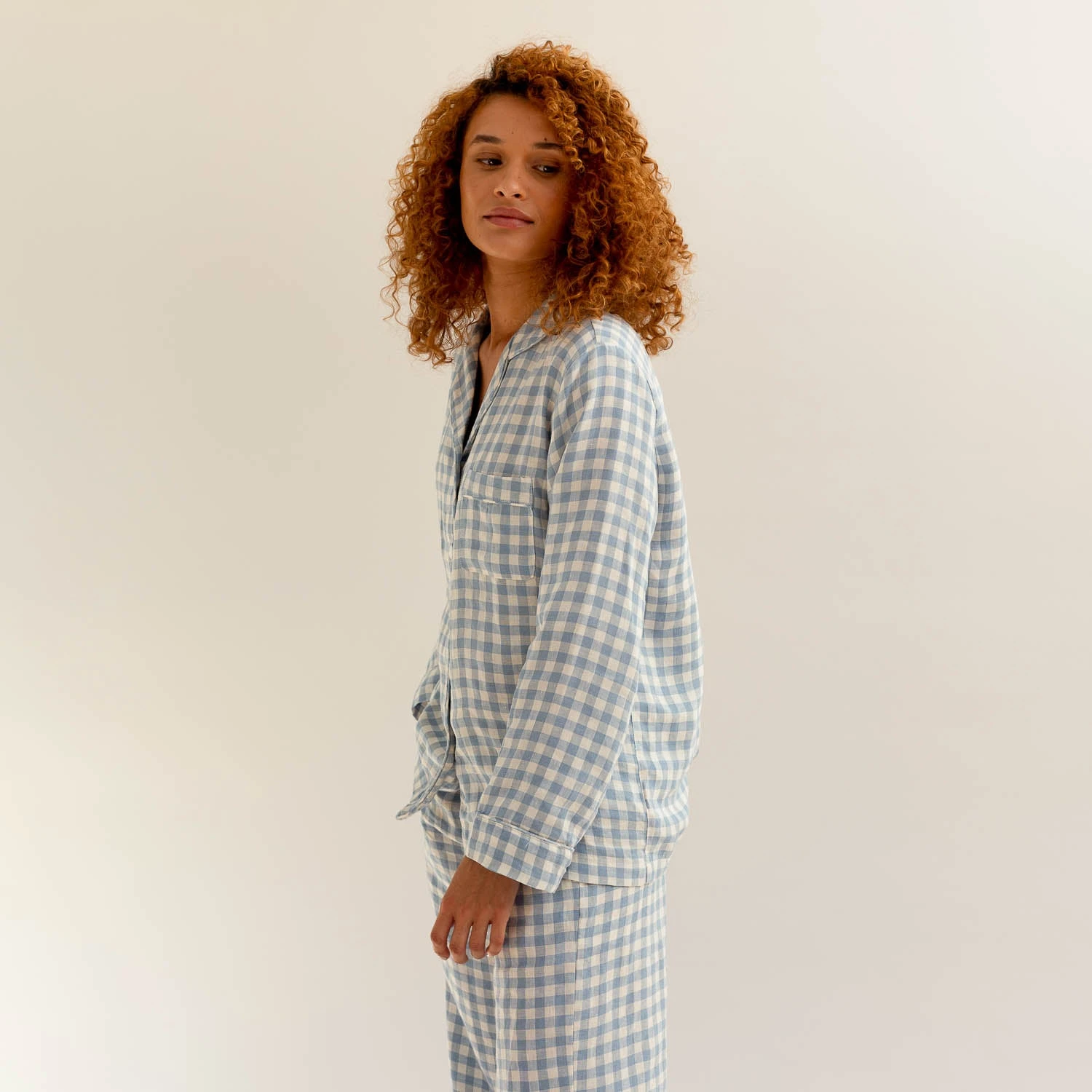 Warm Blue Gingham Linen Pajama Shirt (Top Only) 3 Warm Blue Gingham Linen Pajama Shirt (Top Only)