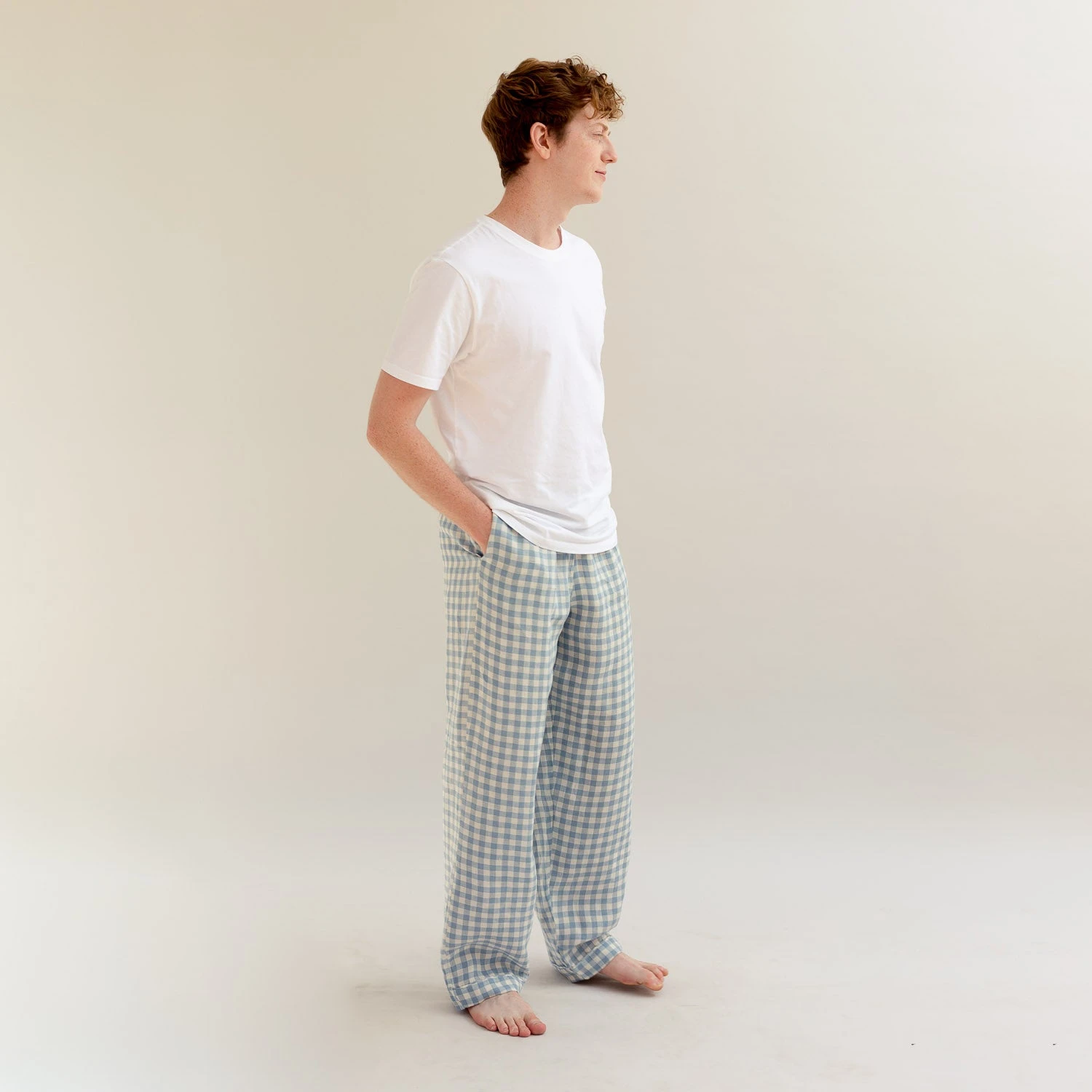 Men's Warm Blue Gingham Linen Pajama Pants 3 Men's Warm Blue Gingham Linen Pajama Pants