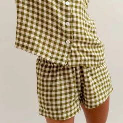 Botanical Green Gingham Linen Pajama Shorts