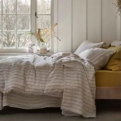 Dusk Blue Ticking Stripe Linen Flat Sheet