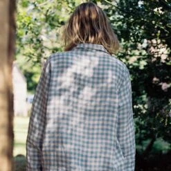 Warm Blue Gingham Linen Pajama Shirt (Top Only) 12 Warm Blue Gingham Linen Pajama Shirt (Top Only) -Piglet Piglet in Bed Gingham Linen Pyjama Shirt Warm Blue Lifestyle 2