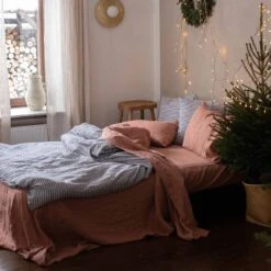 Midnight Stripe Linen Duvet Cover -Piglet Piglet in Bed Linen Bedding Warm Clay and Midnight Stripe 1 1