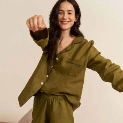 Moss Plain Linen Pajama Shorts Set -Piglet Piglet in Bed Linen Pyjama Shorts Set Moss 2 1