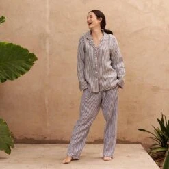 Midnight Stripe Linen Pajama Pants -Piglet Piglet in Bed Linen Pyjama Trouser Set Midnight Stripe 1 e07f8aa2 e224 475e a364 f1ae56dc8f8f