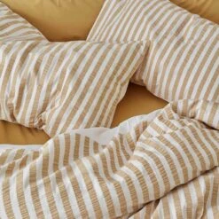 Ochre Seersucker Stripe Cotton Pillowcases (Pair) -Piglet Piglet in Bed Seersucker Stripe Bedding Ochre 4