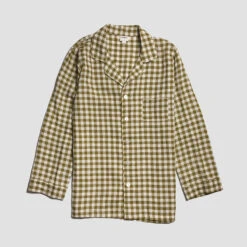 Men's Botanical Green Gingham Linen Pajama Shirt (Top Only) -Piglet PigletinBed GinghamMensShirt BotanicGreen 1 greybg 1