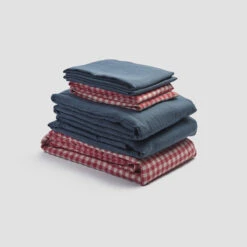 Mineral Red Gingham Linen Bundle -Piglet PigletinBed LinenBedtimeBundle MineralRedGingham Mix Match V2 DeepTeal greyBG