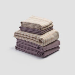 Cafe Au Lait Check Stripe Linen Bundle -Piglet PigletinBed LinenBedtimeBundleV1 CafeauLaitCheckStripe 1 greyBG 1