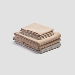 Cafe Au Lait Small Gingham Cotton Bedtime Bundle -Piglet PigletinBed WashedCottonBedtimeBundle CafeAuLaitGingham Mix Match V1 CafeAuLaitPlain greyBG