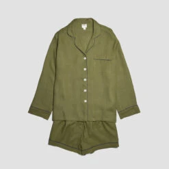 Moss Plain Linen Pajama Shorts Set -Piglet PigletinBed Women sLinenPyjamaShortsSet Moss 1 GreyBG