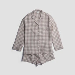 Mushroom Gingham Pajama Shorts Set -Piglet PigletinBed Women sLinenPyjamaShortsSet MushroomGingham 1 greyBG 1
